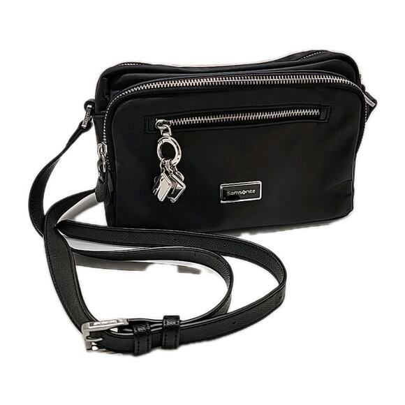 SAMSONITE Black Adjustable Zippered Crossbody with Silver Charms Pockets Travel - Picture 1 of 16
